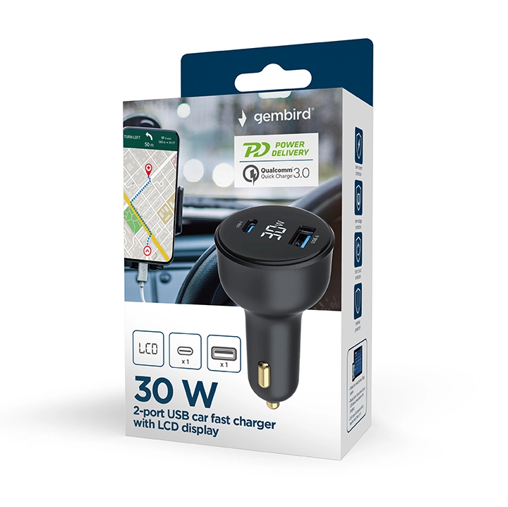 Gembird TA-UC-AC2PD30LCD-CAR-01 mobile device charger Universal